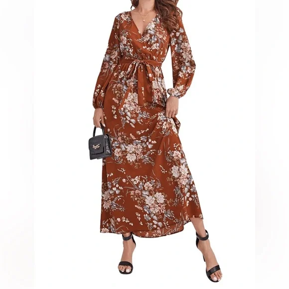 Entro brown Floral Maxi Dress with Belt - Picture 4 of 6